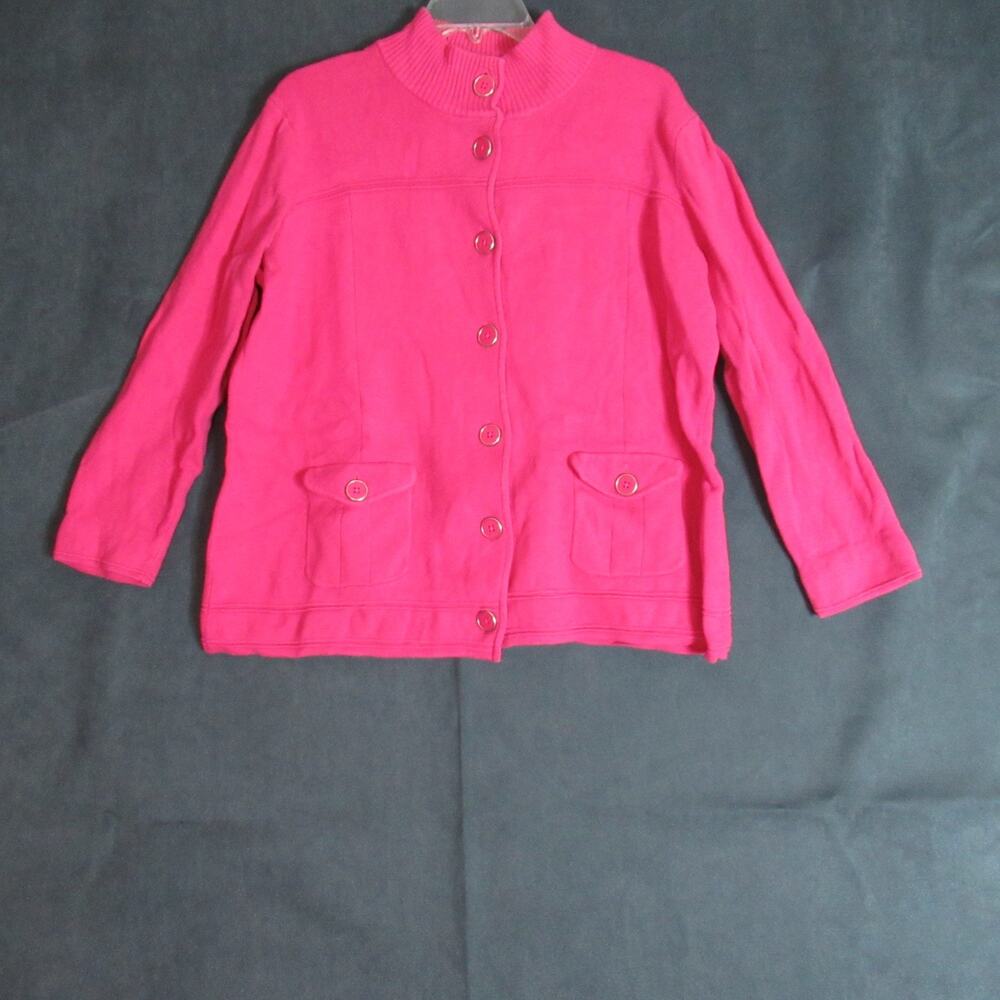 Jones New York Cardigan Sweater Women 1X Pink Knit Button Up Granny Modest Retro